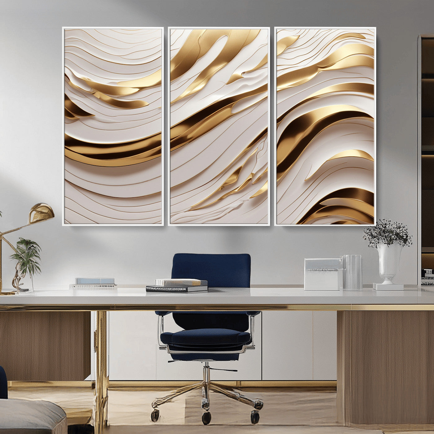 41237-MGV-FC-48X32-3P_White-Gold Waves Wall Art Canvas Print, Framed Elegant Flow Art Picture Print, Luxury Layers Perfect Minimal Luxe Decor Artwork