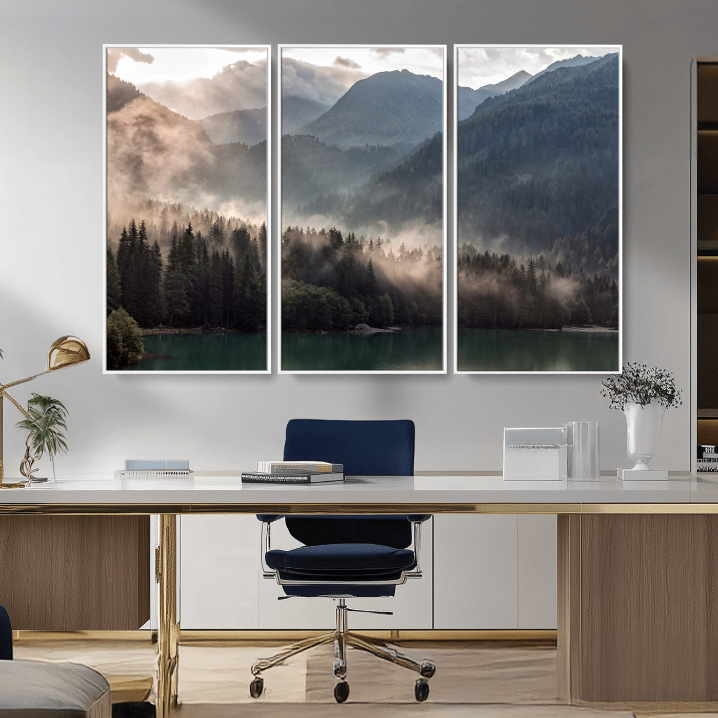 64758-MGV-CV-36X24-Misty Mountains Wall Art Canvas Print, Framed Moody Pines Art Picture Print, Forest Lake Perfect Moody Alpine Decor Artwork