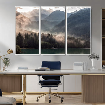 64758-MGV-CV-36X24-Misty Mountains Wall Art Canvas Print, Framed Moody Pines Art Picture Print, Forest Lake Perfect Moody Alpine Decor Artwork