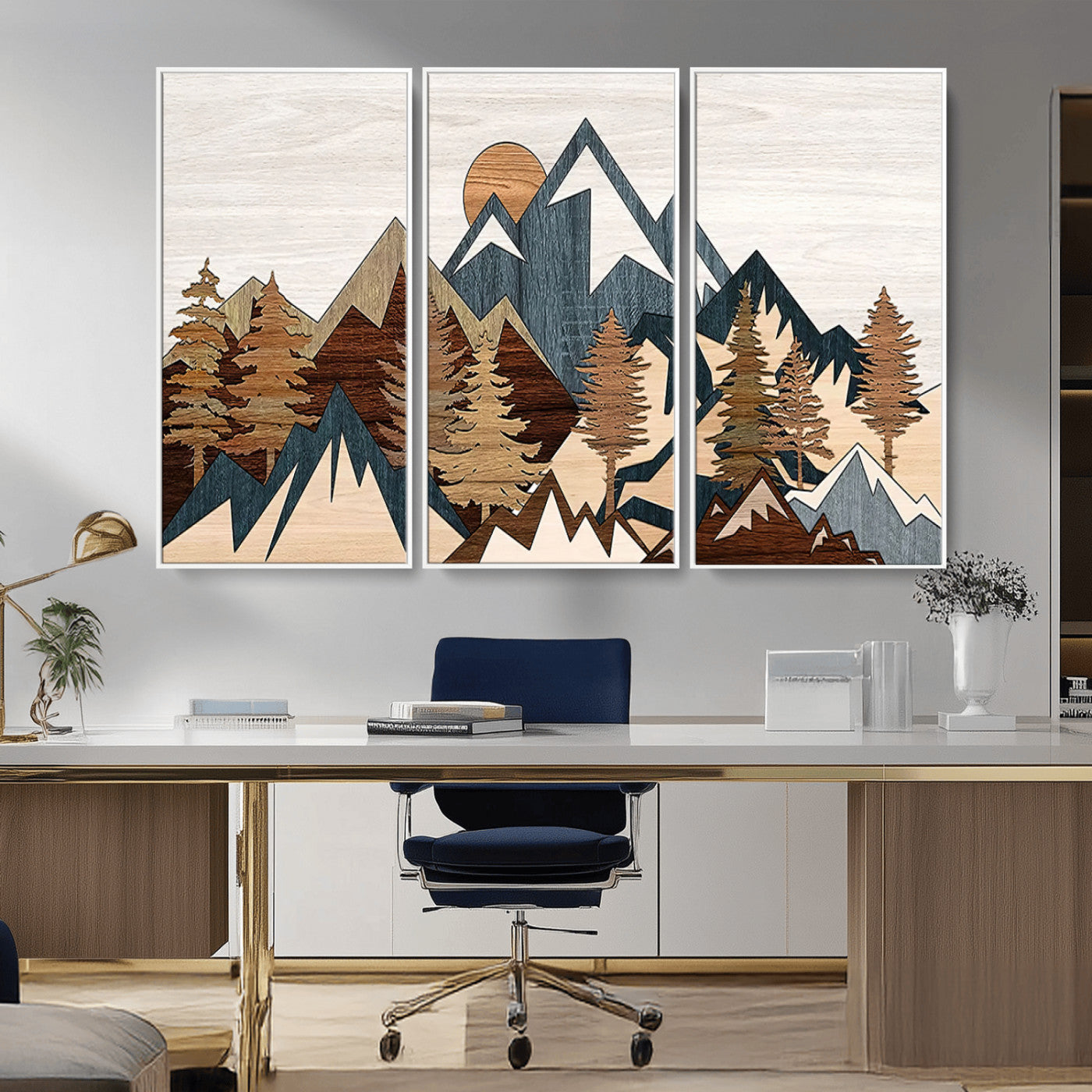 80300-MGV-CV-36X24-Geometric Mountains Wall Art Canvas Print, Framed Stylized Trees Art Picture Print, Graphic Forest Perfect Rustic Abstract Decor
