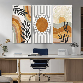 32359-MGV-FC-48X32-3P_White-Modern Sun Wall Art Canvas Print, Framed Retro Horizon Art Picture Print, Sunburst Design Perfect Mid Century Boho Decor Artwork