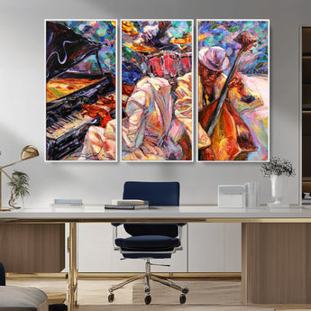 13675-MGV-CV-36X24-Jazz Band Wall Art Canvas Print, Framed Jazz Oil Painting Art Picture Print, Vibrant Music Perfect Abstract Musical Decor Artwork