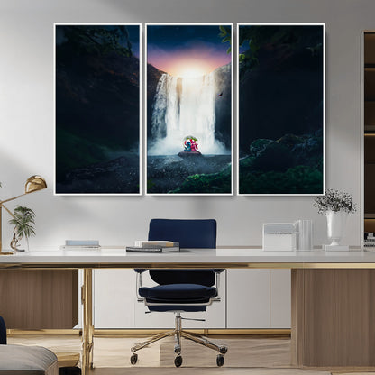 56359-MGV-CV-36X24-Lilo Stitch Wall Art Canvas Print, Framed Stitch Angel Art Picture Print, Cartoon Waterfall Perfect Tropical Fantasy Decor Artwork