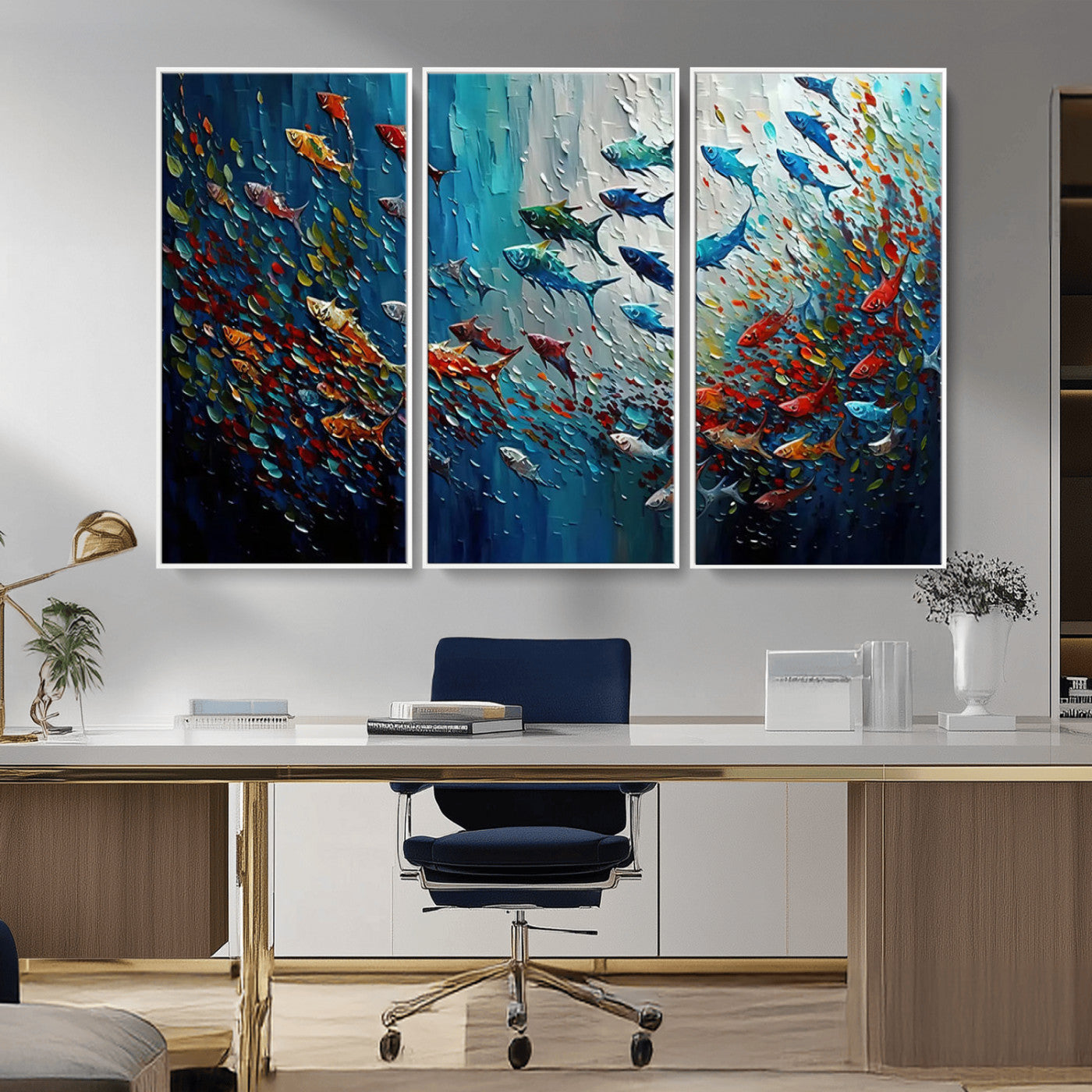 89626-MGV-CV-36X24-Fish Swarm Wall Art Canvas Print, Framed Abstract Ocean Art Picture Print, Underwater Life Perfect Vibrant Coastal Decor Artwork