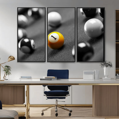 52108-MGV-CV-36X24-Precision Pool Table Wall Art – Close Up Yellow 1 Ball Canvas Print, Hand-Played Billiards Game Decor for Office, Game Room, or