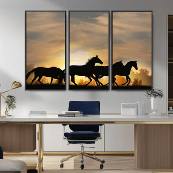 16620-MGV-CV-36X24-Sunset Stallions Wall Art – Silhouetted Horses Running Canvas Print, Nature’s Rhythm, Perfect for Living Room, Office, or Man Cave