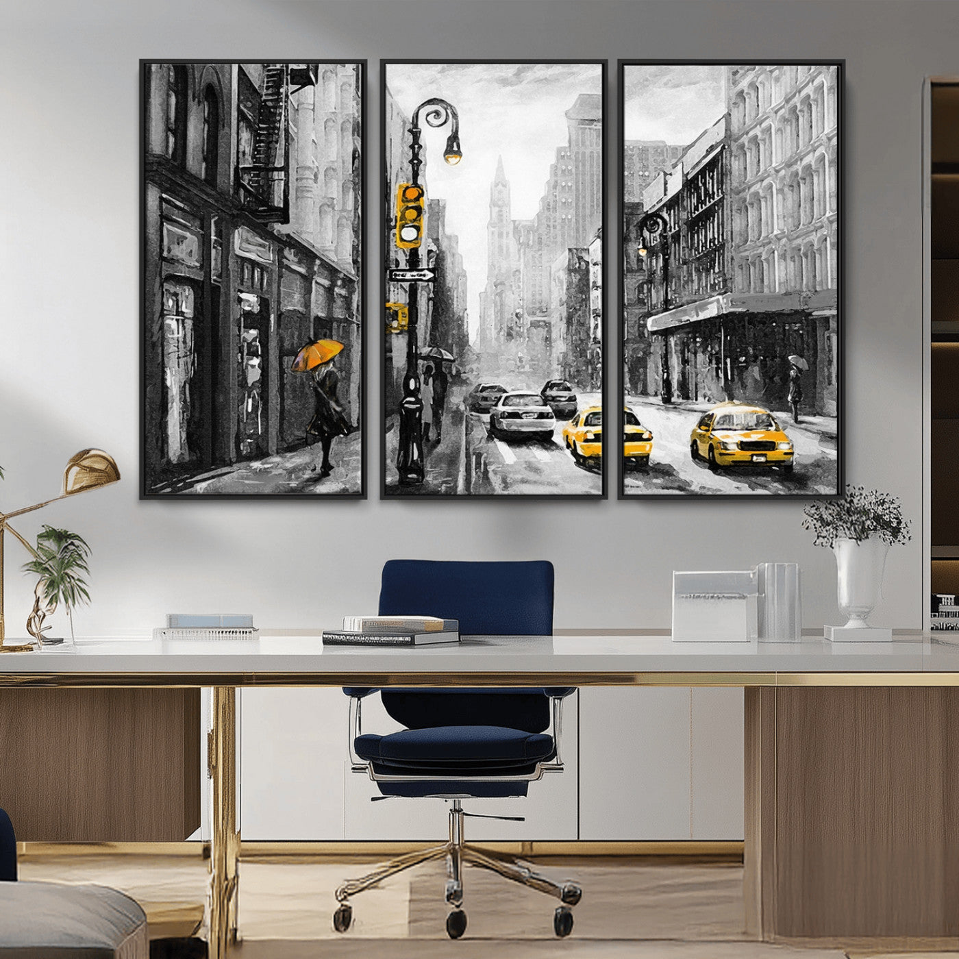 32362-MGV-CV-36X24-NYC Street Wall Art – Black and White Cityscape with Yellow Taxis and Umbrella Canvas Print, Urban Home Decor for Living Room or