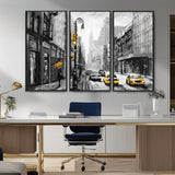 32362-MGV-CV-36X24-NYC Street Wall Art – Black and White Cityscape with Yellow Taxis and Umbrella Canvas Print, Urban Home Decor for Living Room or