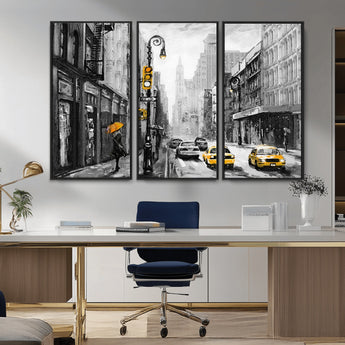 32362-MGV-CV-36X24-NYC Street Wall Art – Black and White Cityscape with Yellow Taxis and Umbrella Canvas Print, Urban Home Decor for Living Room or