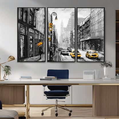 32362-MGV-CV-36X24-NYC Street Wall Art – Black and White Cityscape with Yellow Taxis and Umbrella Canvas Print, Urban Home Decor for Living Room or