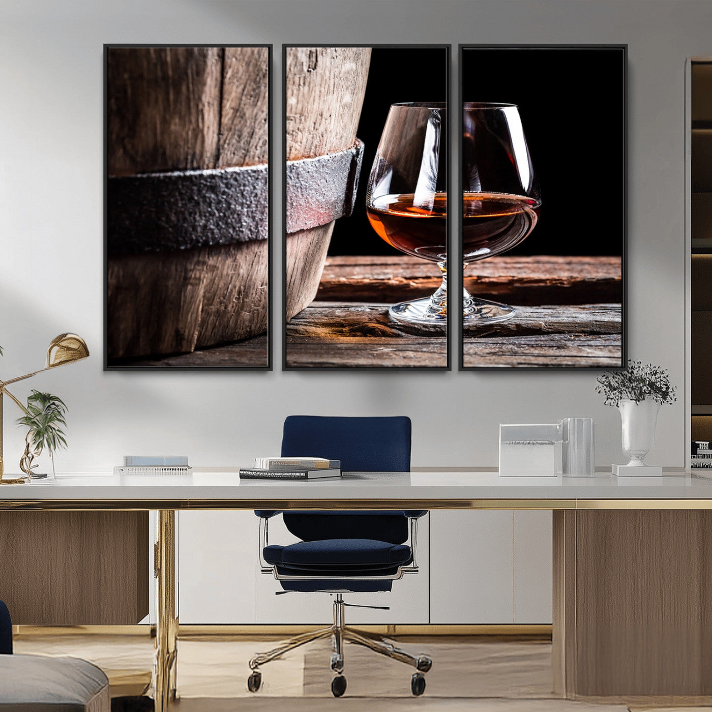 50839-MGV-CV-36X24-Barrel & Brandy Wall Art – Rustic Whiskey Barrel and Brandy Glass Canvas Print, Elegant Home Bar or Lounge Decor for Office, Man