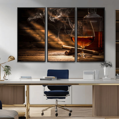 92305-MGV-FC-48X32-3P_Black-Whiskey & Cigar Wall Art – Moody Whiskey and Cigar Canvas Print, Sophisticated Bar or Home Lounge Decor for Office, Man Cave or