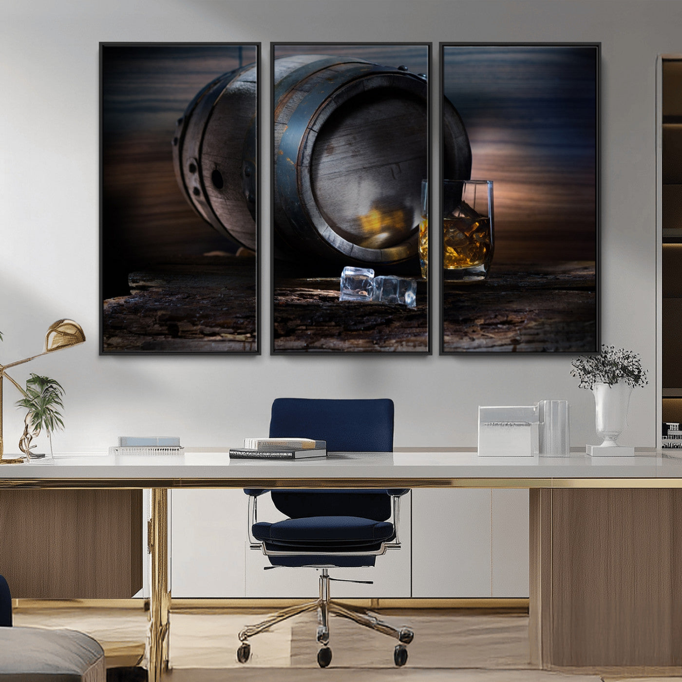 78049-MGV-CV-36X24-Whiskey Barrel Wall Art – Rustic Whiskey Barrel and Glass with Ice Canvas Print, Classic Bar or Lounge Decor for Home, Office, or