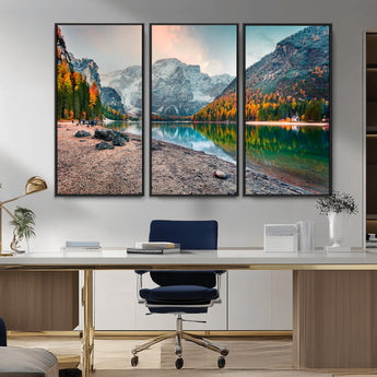 25982-MGV-CV-36X24-Autumn Mountain Lake Wall Art – Panoramic Fall Foliage and Snowy Peaks Canvas Print, Scenic Nature Decor for Living Room or Office