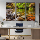 98096-MGV-CV-36X24-Serene River Waterfall Nature Photo – Calm Clear Water, Vibrant Green Forest and Smooth Stones Landscape Wall Art for Home or