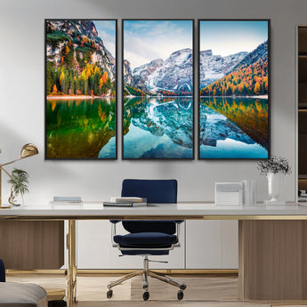 10402-MGV-CV-36X24-Snowy Mountain Lake Wall Art – Autumn Landscape Canvas Print with Reflection, Nature Decor for Living Room, Office, Bedroom or