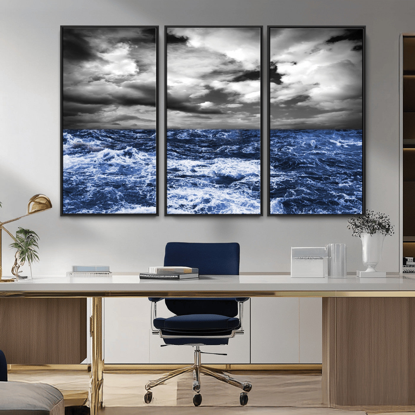 36012-MGV-CV-36X24-Dramatic Stormy Ocean Waves Black and White with Deep Blue Highlights – Moody Seascape Wall Art, Nature Photography Print for Home