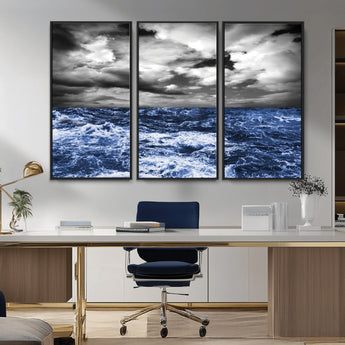 36012-MGV-CV-36X24-Dramatic Stormy Ocean Waves Black and White with Deep Blue Highlights – Moody Seascape Wall Art, Nature Photography Print for Home