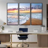 39560-MGV-FC-48X32-3P_Black-Sunrise Beach Wall Art – Vibrant Ocean Waves and Golden Sand Canvas Print, Seaside Coastal Decor for Living Room, Bedroom or