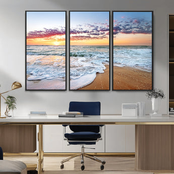 39560-MGV-FC-48X32-3P_Black-Sunrise Beach Wall Art – Vibrant Ocean Waves and Golden Sand Canvas Print, Seaside Coastal Decor for Living Room, Bedroom or