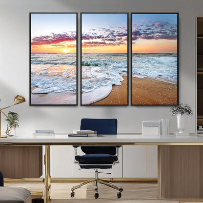 39560-MGV-FC-48X32-3P_Black-Sunrise Beach Wall Art – Vibrant Ocean Waves and Golden Sand Canvas Print, Seaside Coastal Decor for Living Room, Bedroom or