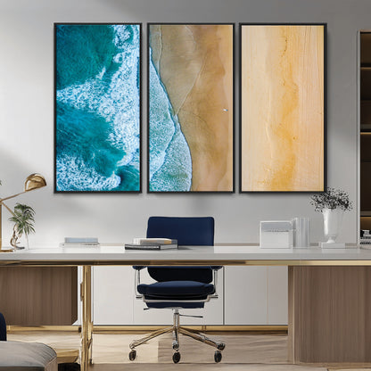 46640-MGV-CV-36X24-Aerial Beach Wall Art – Turquoise Waves and Golden Sand Canvas Print with Lone Surfer, Coastal Ocean Decor for Living Room,