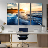 86173-MGV-CV-36X24-Golden Sunset Beach Wall Art – Reflective Ocean Canvas Print with Mountains and Waves, Coastal Nature Decor for Living Room,