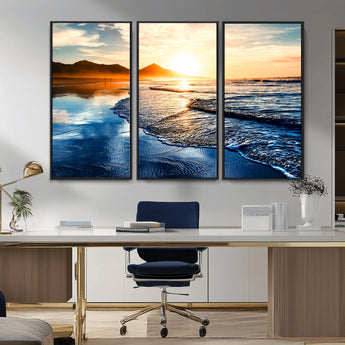 86173-MGV-CV-36X24-Golden Sunset Beach Wall Art – Reflective Ocean Canvas Print with Mountains and Waves, Coastal Nature Decor for Living Room,