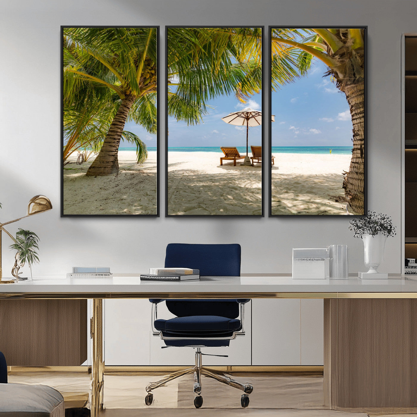 83601-MGV-CV-36X24-Tropical Beach Wall Art – Serene Palm Trees and Lounge Chairs Canvas Print, Relaxing Coastal Decor for Living Room, Bedroom or