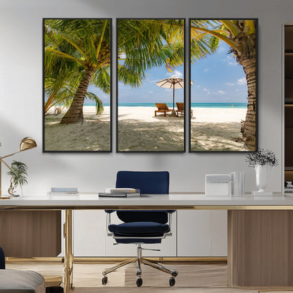 83601-MGV-CV-36X24-Tropical Beach Wall Art – Serene Palm Trees and Lounge Chairs Canvas Print, Relaxing Coastal Decor for Living Room, Bedroom or