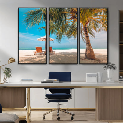 69754-MGV-CV-36X24-Tropical Beach Wall Art – Relaxing Palm Tree and Lounge Chairs Canvas Print, Serene Coastal Decor for Living Room, Bedroom, Office