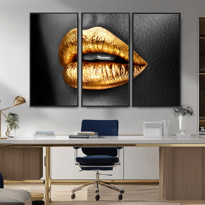 84747-MGV-CV-36X24-Golden Lips Black & White Portrait – Glamorous Metallic Lip Art Print, Modern Wall Decor for Bedroom, Beauty & Fashion Lover Gift