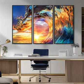 52890-MGV-CV-36X24-Surfing Wave Wall Art Canvas Print, Framed Sunset Ocean Art Picture Print, Ocean Wave Perfect Nautical Decor Artwork