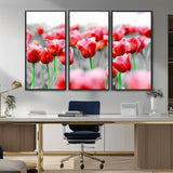 44554-MGV-CV-36X24-Vibrant red tulips stand out beautifully against a black-and-white background, making a striking decor piece perfect for any home