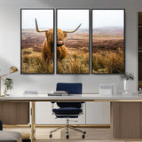 79391-MGV-CV-36X24-Majestic Highland Cow in Misty Scottish Moorland – Rustic Natural Charm, Perfect for Unique Home or Office Decor