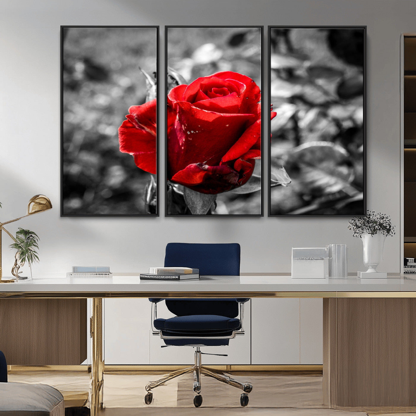 84671-MGV-CV-36X24-Red Rose Wall Art – Vibrant Single Bloom Canvas Print with Black and White Background, Elegant Floral Decor for Living Room,