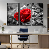 84671-MGV-CV-36X24-Red Rose Wall Art – Vibrant Single Bloom Canvas Print with Black and White Background, Elegant Floral Decor for Living Room,