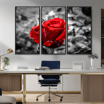 84671-MGV-CV-36X24-Red Rose Wall Art – Vibrant Single Bloom Canvas Print with Black and White Background, Elegant Floral Decor for Living Room,