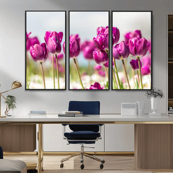 30632-MGV-CV-36X24-Purple Tulip Field Wall Art – Beautiful Spring Flowers Canvas Print with Soft Focus and Bright Sky, Ideal Floral Decor for Home or