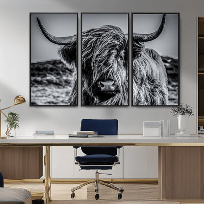 97372-MGV-CV-36X24-Elegant Highland Cow Wall Art – Black and White Canvas Print, Rustic Nature Decor for Home, Office, Living Room or Man Cave