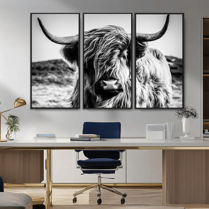 36979-MGV-CV-36X24-Striking black-and-white portrait of a Highland cow with flowing fur and majestic horns, perfect for rustic and elegant home or