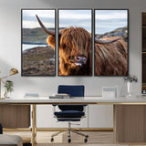 71222-MGV-FC-48X32-3P_Black-A playful Highland cow with shaggy fur sticks out its tongue, set against a rugged landscape — perfect for quirky home or office