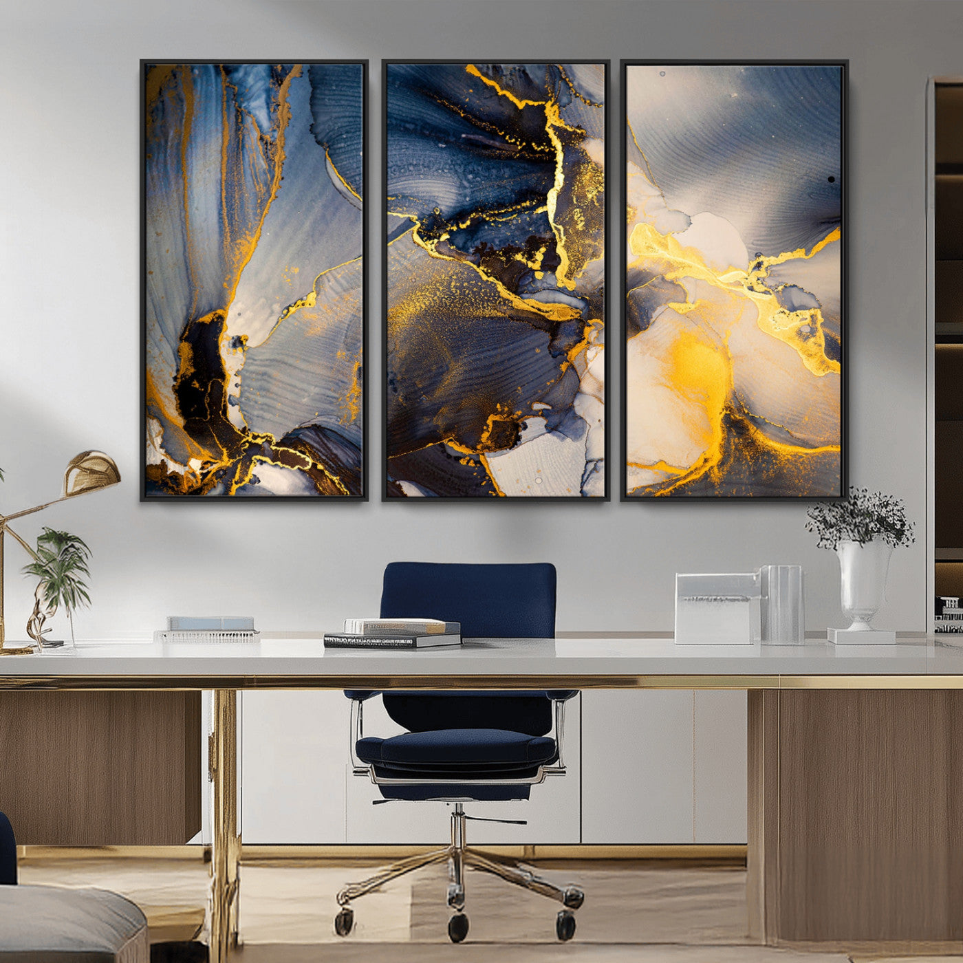 42100-MGV-FC-48X32-3P_Black-Golden Flow Abstract Wall Art – Panoramic Modern Blue and Gold Canvas Print, Contemporary Artistic Decor for Home, Office