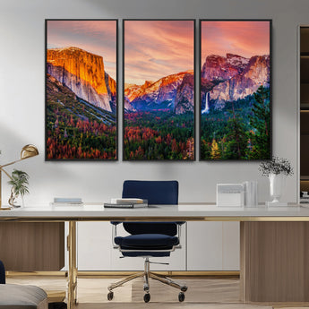 24519-MGV-CV-36X24-Yosemite Valley Sunset Wall Art – Majestic Mountain Landscape with Waterfall and Vibrant Sky, Nature Photography for Home or