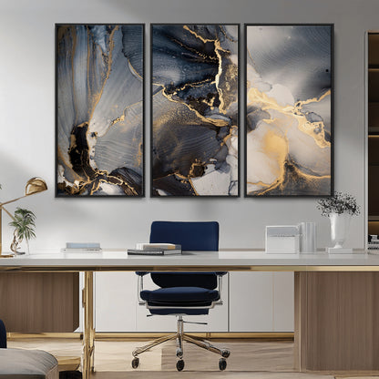 24068-MGV-CV-36X24-Luxury Abstract Wall Art – Gold & Gray Fluid Ink Painting Canvas, Modern Metallic Home Decor, Elegant Office or Living Room Accent