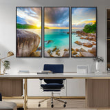 23769-MGV-CV-36X24-Tropical Beach Sunset Wall Art – Ocean Waves and Rocky Shore Canvas Print, Coastal Seascape Photography Decor