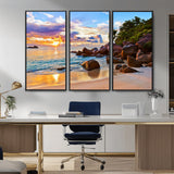 43209-MGV-CV-36X24-Tropical Beach Sunset Wall Art – Golden Ocean Waves and Palm Trees with Rocky Shore Canvas Print, Coastal Seascape Decor for