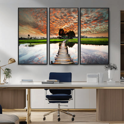 29105-MGV-CV-36X24-Rustic Wooden Bridge Wall Art – Scenic Sunset Over Rice Fields and Reflective Water Canvas Print, Nature Landscape Decor for