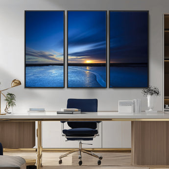 65405-MGV-CV-36X24-Blue Sunrise Seascape Wall Art – Tranquil Ocean Horizon Canvas Print with Golden Sunlight and Deep Sky, Coastal Landscape Decor