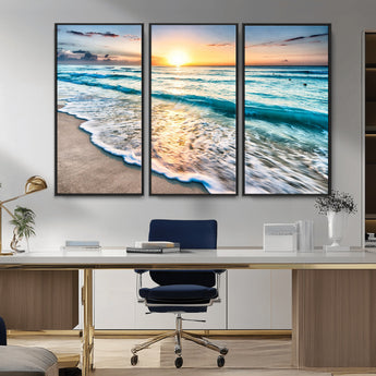 27815-MGV-CV-36X24-Ocean Sunrise Beach Wall Art – Serene Coastal Canvas Print with Waves and Golden Morning Light, Relaxing Seascape Decor for